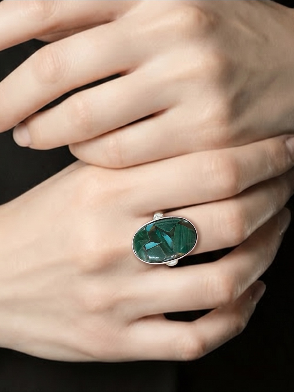 Malachite copper turquoise rare stone‎ genuine gemstone silver overlay, size 9